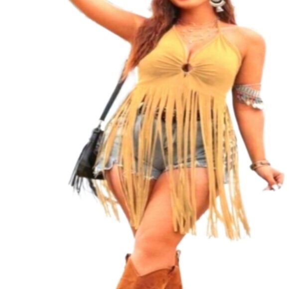 Sexy plus size halter tan western fringe top sz 20/4x - Picture 1 of 4